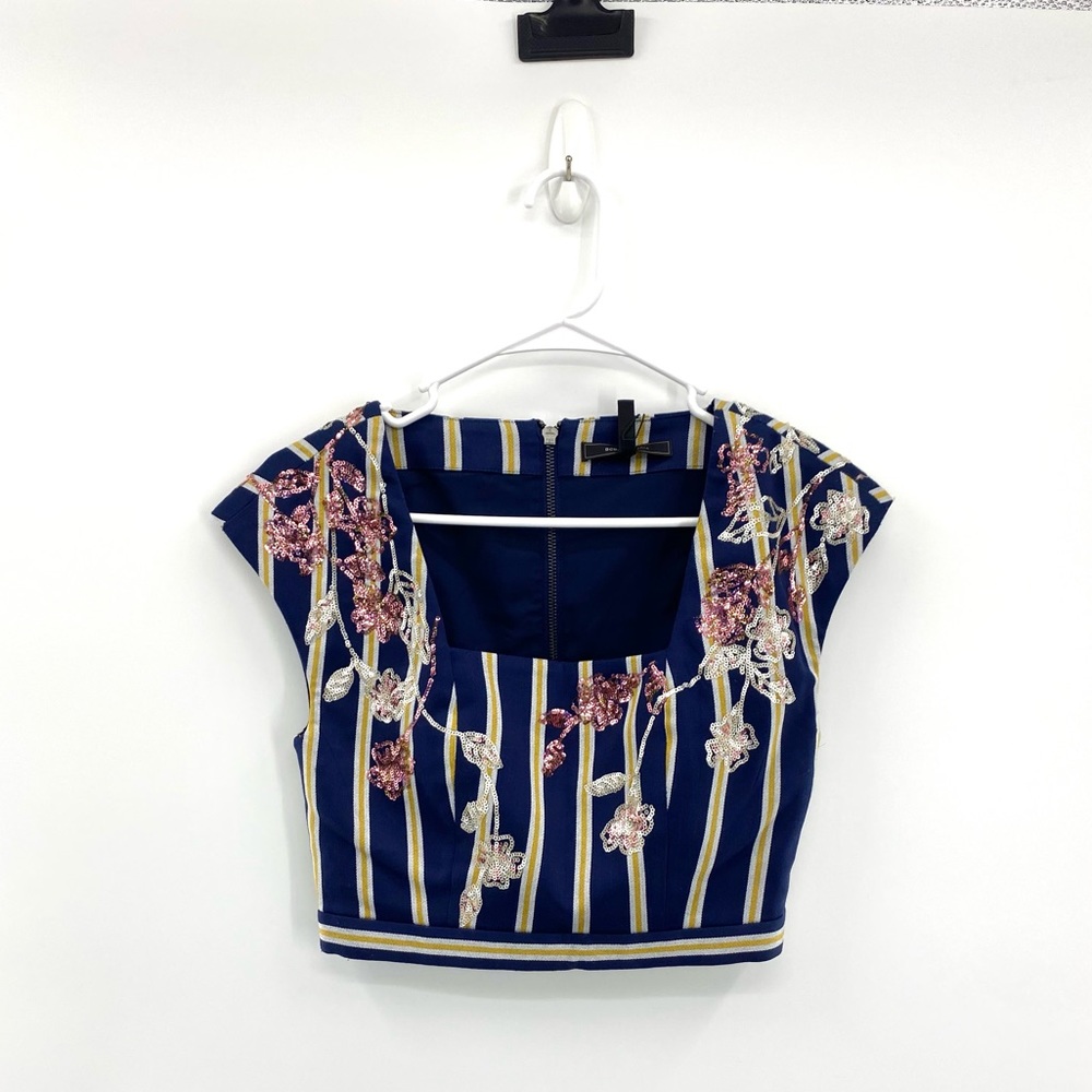 BCBG Maxazria Square Neck ‘Blue/Gold/Sequin’ Crop Top Woman’s Size XSmall